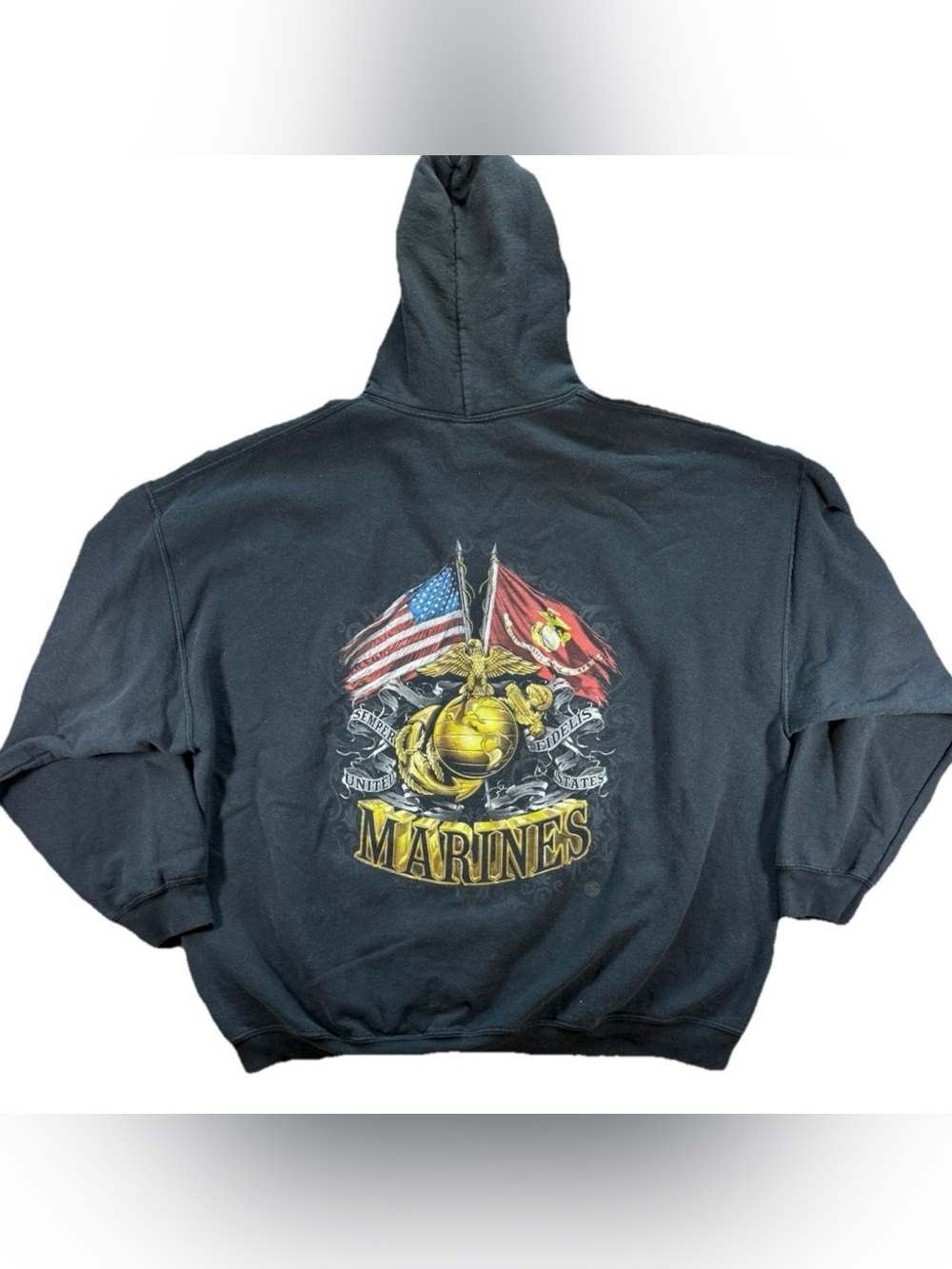 Vintage United States Marine Corps Hoodie Men's 3XL Black USMC Y2K AOP Grunge